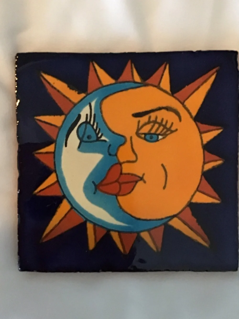 Hand-Painted Decorative Ceramic Tile Coaster Set of 3 - Sun & Navy Floral - Picture 4 of 5